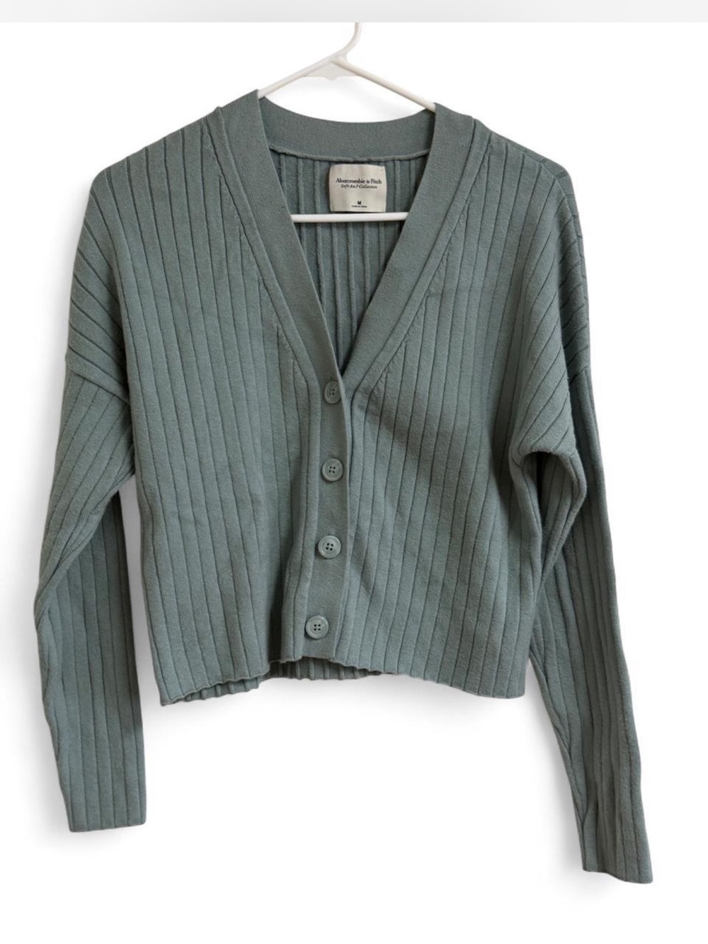 Abercrombie & Fitch Cropped Ribbed V-Neck Button Cardigan - Sage